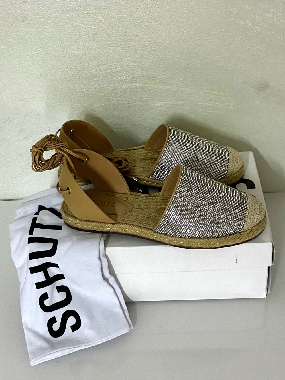 SCHUTZ Tan and Silver Espadrille Lace-Up Sandals